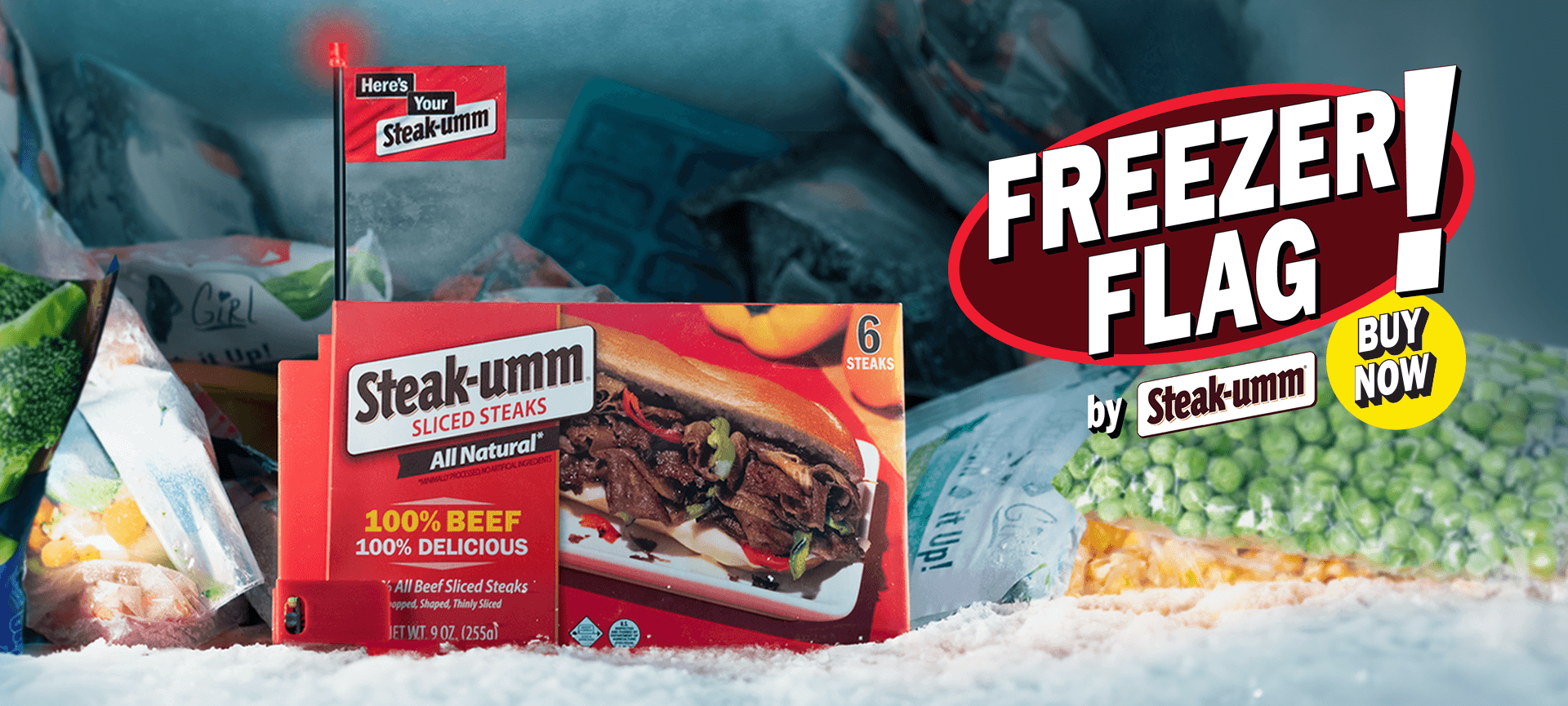 A yummy Steak-umm with a Freezer Flag sitting next to vegetables 